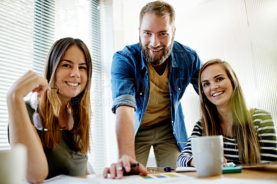 Buy stock photo Meeting, portrait and team with business people in office for media startup, confidence and collaboration. Press release company, workshop and smile with employees in creative agency together