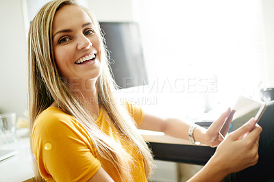 Buy stock photo Tablet, happy and portrait of business woman in office for journalist, research and magazine publisher. Article editor, story reporter and blog development with person in creative media agency