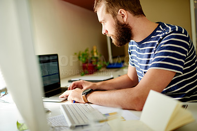 Buy stock photo Finance, laptop and typing with man in home office for accounting, budget or review of investment. Computer, financial planning and invoice with person at desk in apartment for bill or statement