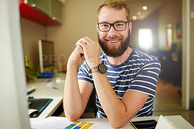 Buy stock photo Web developer, smile and portrait of man in office for software system or website update. Confident, male designer or proud backend engineer with technology for IT research and company development