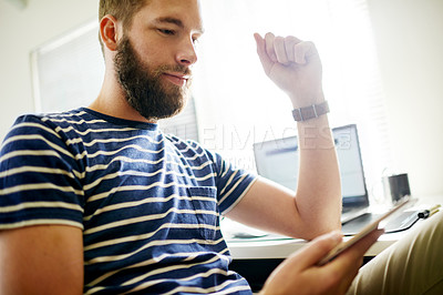 Buy stock photo Web designer, reading or man on tablet in startup for software system or online update. Internet, developer or backend engineer with technology for IT review, news or company homepage development