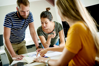 Buy stock photo Woman, talk and notes at meeting with planning for interior design, documents or brainstorming at office. Person, team and group with book, discussion or project management for property development