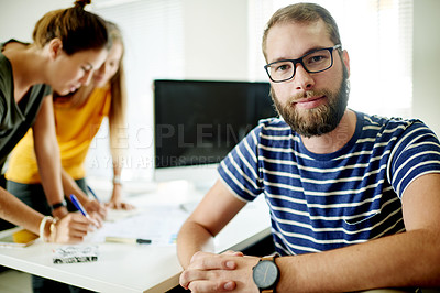 Buy stock photo Confident, man and designers in meeting for portrait, planning together or startup solution. Group project, creative team or people in office for problem solving, company staff or brainstorming ideas