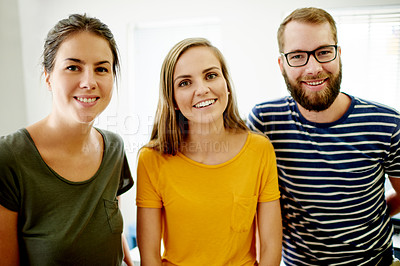 Buy stock photo Portrait, smile and creative people in office for career pride, about us and journalist at agency. Group, staff and confidence with teamwork, media reporter and news publication in coworking space