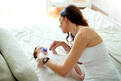Buy stock photo Support, baby or woman in bed with care, protection and security in childhood for bonding. Family, happy mother and newborn in apartment with love, safety and growth in wellness for development