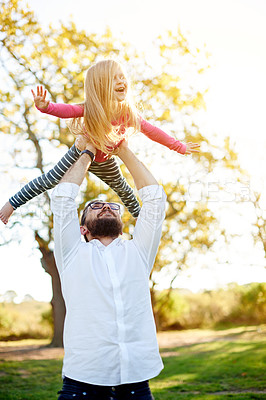 Buy stock photo Father, girl and airplane with play at park, lift and happy family by trees, nature and bonding in summer. People, dad and child with flight, games and excited with smile outdoor in New Zealand