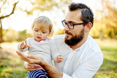 Buy stock photo Outdoor, park and dad with girl for carrying, relationship and connection together in summer. Happy family, father and child with love for bonding, support and trust on weekend holiday in nature