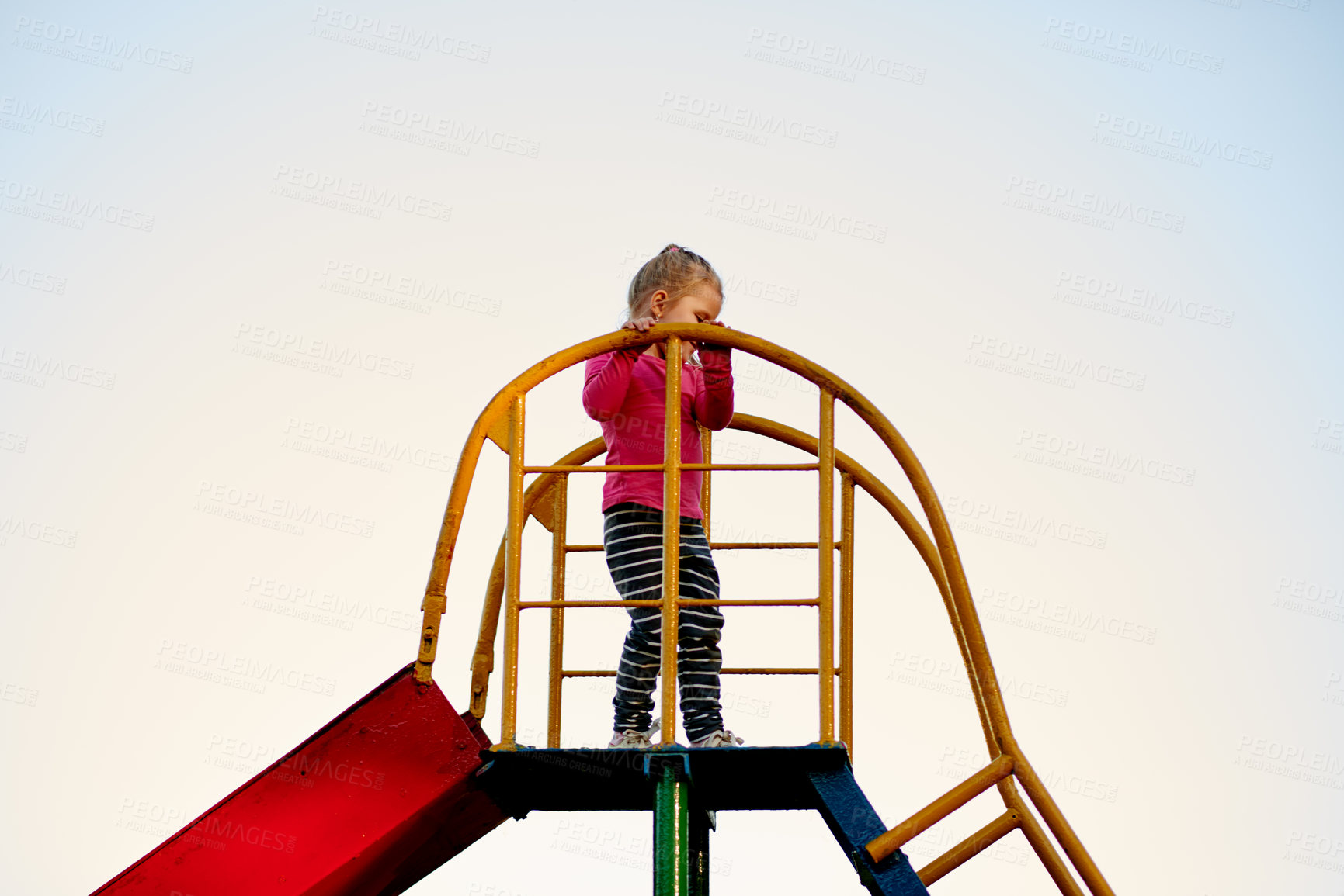 Buy stock photo Nature, jungle gym and child in park for holiday, weekend or vacation with blue sky. Mockup space, fun and girl kid for playing outdoor on playground for activity or hobby in summer in backyard.
