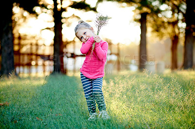 Buy stock photo Park, smile and child with plants outdoor for weekend, holiday and vacation in countryside. Summer, freedom and toddler with field, adventure and relax for childhood with peace and sunshine garden
