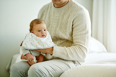 Buy stock photo Bedroom, burping and dad with baby in home for loving relationship, bonding and affection in morning. Family, parenting and father with newborn help with wind for comfort, trust and care in house