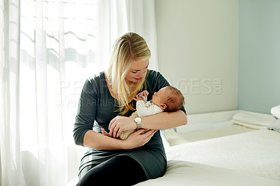 Buy stock photo Home, woman and bonding with newborn, sleeping and parent with love for child, protection or safety. Baby, nap and mom with daughter in nursery, resting and childcare in house, affection and calm
