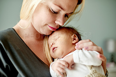Buy stock photo Mom, newborn or baby sleeping with love for peaceful nap, rest or comfort in nursery home. Mother, child or infant kid asleep with hug or eyes closed in arms for childhood embrace, care or parenting