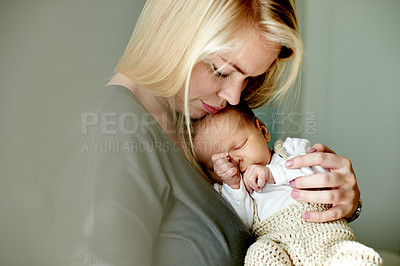 Buy stock photo Mother, newborn or kid in home with hug, bonding and affection with sleeping and love for family. Calm, peace and baby asleep in arms of mom, development and safety with woman for motherhood at house