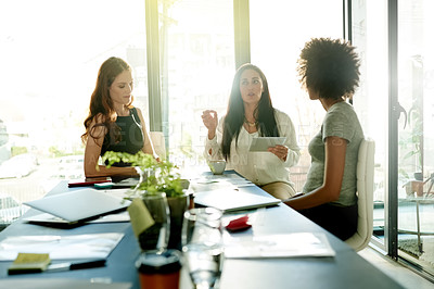 Buy stock photo Team, discussion and planning with business people in meeting for feedback, campaign project and media report. Press briefing, review and public relations startup with employees in agency for brand