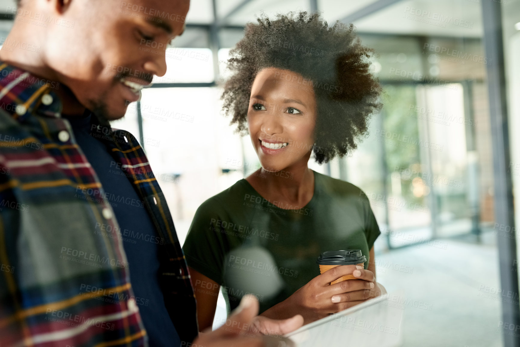 Buy stock photo Man, woman and tablet at glass wall, office and planning with smile for brainstorming at media company. Black people, team and tech at startup with application, review or feedback at creative agency