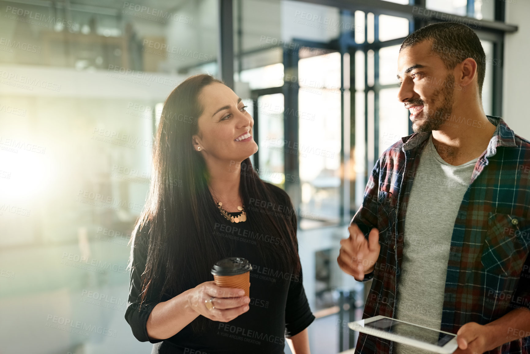 Buy stock photo Morning, tablet and business people in office for meeting with online report, research and feedback. Startup, teamwork and man with woman on digital tech for website, planning and project review