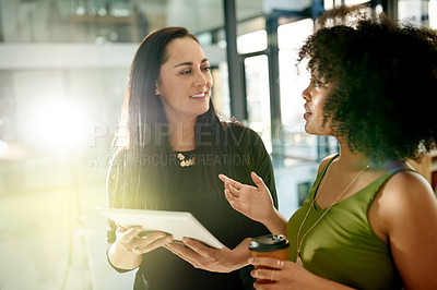 Buy stock photo Happy woman, tablet and planning with talk, office and listen with insight for project at media company. People, partner and tech at startup with application, review or feedback at creative agency