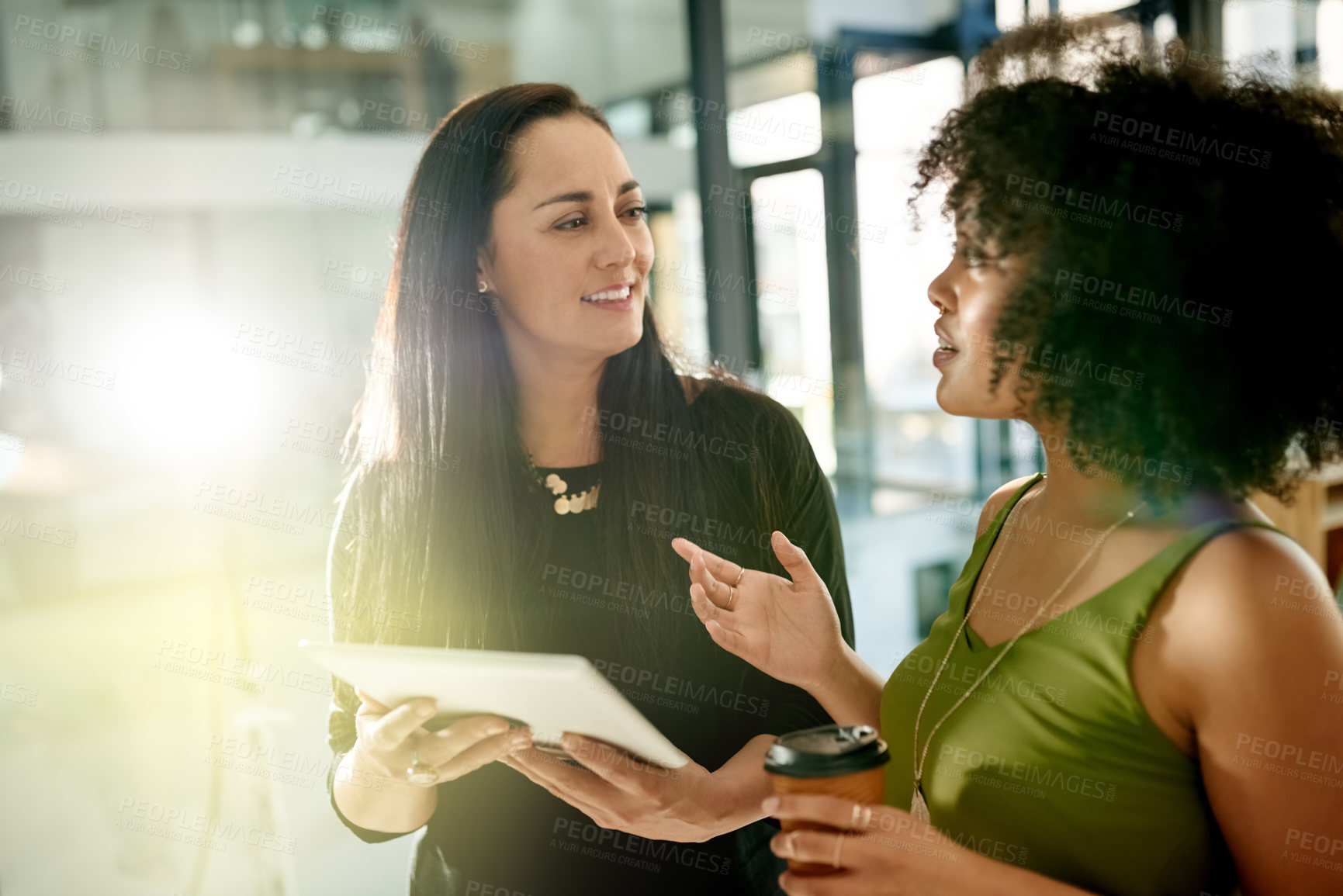 Buy stock photo Happy woman, tablet and planning with talk, office and listen with insight for project at media company. People, partner and tech at startup with application, review or feedback at creative agency