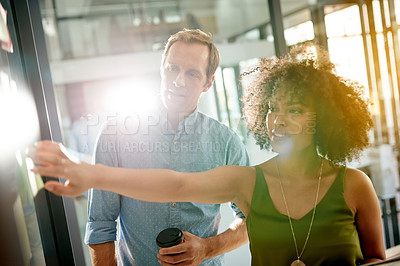 Buy stock photo Meeting, scrum and idea with business people in office for teamwork, campaign progress and research. Sticky note, moodboard and project review with employees in agency for schedule and lens flare