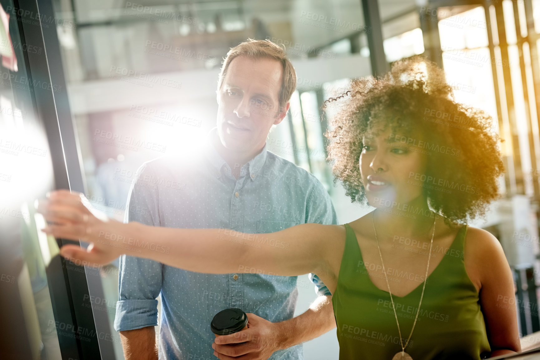 Buy stock photo Meeting, scrum and idea with business people in office for teamwork, campaign progress and research. Sticky note, moodboard and project review with employees in agency for schedule and lens flare