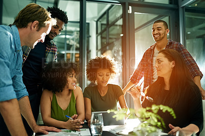 Buy stock photo Planning, people or laptop in office with teamwork, communication or feedback for project management. Meeting, graphs or diversity in overtime with flare, analytics and collaboration for night report