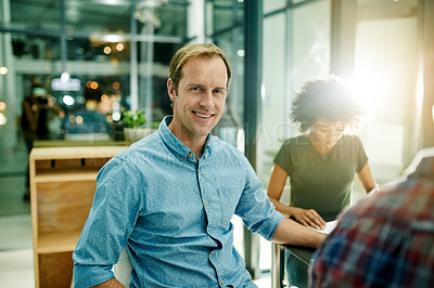 Buy stock photo Happy, man or business in office with flare, meeting or confident for night collaboration. Smile, employee or people in boardroom with portrait, overtime planning or bokeh for company project