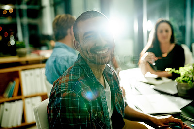 Buy stock photo Man, smile and portrait at night, meeting and pride at startup with team, career or deadline at media company. Person, happy and overtime for project management, confident or flare at creative agency