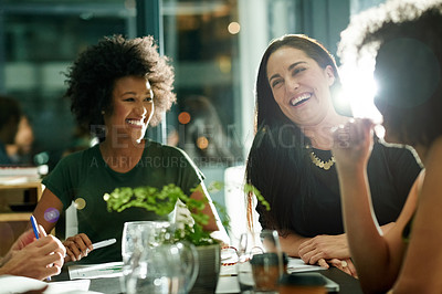 Buy stock photo Night, laughing and business people in meeting with flare, funny conversation and discussion. Late, communication and happy women bonding in office with bokeh, joke and company gossip in workplace.