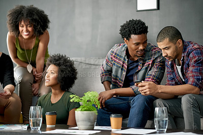 Buy stock photo Conversation, meeting and phone with designer men in office lounge for break or social media. App, communication and sharing with group of friends on sofa in design workplace for team building