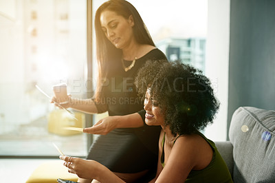 Buy stock photo Business, documents and women in office, teamwork and conversation with feedback for article. People, journalist and employees in meeting, review news report and submission with publication and ideas