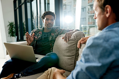 Buy stock photo Creative, men and teamwork with laptop, office and planning for design project, talking and meeting. UI designer, collaboration and people with tech for assignment, ideas and discussion with research