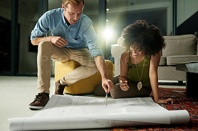 Buy stock photo Business, interior designer and people with blueprint, night or feedback for proposal. Evening, talking or employees with documents, innovate idea or project management with discussion or cooperation