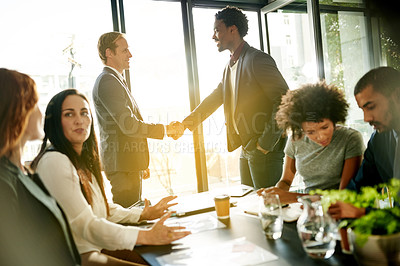 Buy stock photo Happy, business people and meeting with handshake for introduction, greeting or hiring in office. Group, employees or colleagues shaking hands with smile for teamwork or new recruitment in workplace