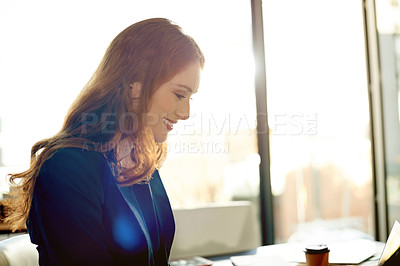 Buy stock photo Happy woman, business and research with laptop for journalism or company report in office. Female person, journalist or smile with computer in workplace for online story, article or project proposal