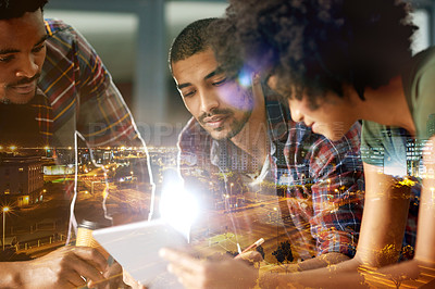 Buy stock photo Office, team and people with tablet, double exposure or collaboration for story or reporter at night. City, overlay and working late for documentary deadline, group and journalism with tech or search