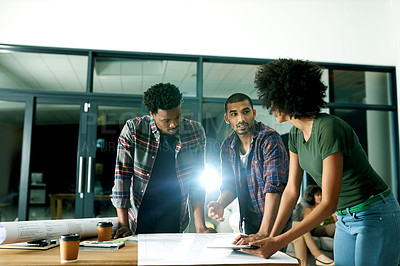 Buy stock photo Architecture, team and people with blueprint at night for design, floorplan and building project. Flare, engineering and workers in creative meeting with paperwork for planning, layout and renovation