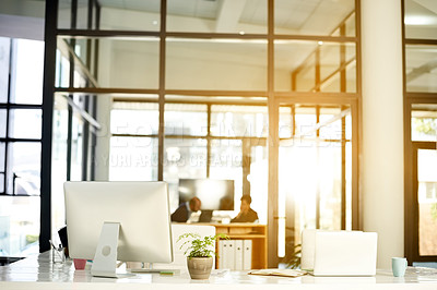 Buy stock photo Business office, desk or computer with furniture, company equipment or reception in workplace. Open helpdesk, technology or workspace with personal assistant for multitasking job or busy career