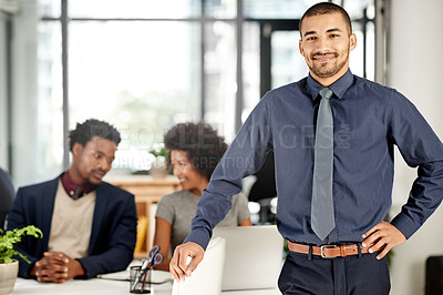 Buy stock photo Man, lawyer and happy in portrait at meeting, office and confidence with team for legal services. Person, attorney and consultant with pride for career, boardroom and staff at corporate law firm