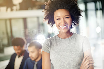 Buy stock photo Corporate, portrait and woman with arms crossed, office or ambition for career growth or leadership. Flare, account manager and confident for investment opportunity, employee and people with tech