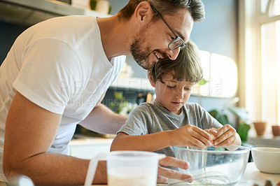 Buy stock photo Happy man, child and cooking at kitchen sink with ingredients, teaching and preparation for baking. Mature father, son and smile in home with eggs, bonding and connection for homemade snack.