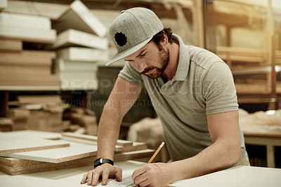 Buy stock photo Planning, furniture and drawing with man in workshop for design, artisan project and carpenter. Manufacturing, sketch and woodworking with male person in studio for crafting and quality control