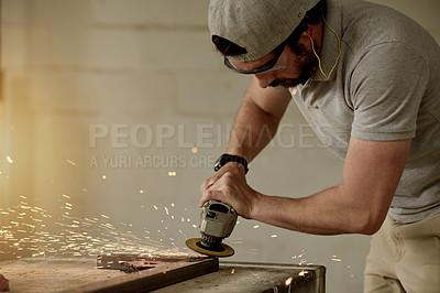 Buy stock photo Welding, metal work and man with grinder in workshop, manual labor and sparks for material transformation. Space, fabrication and person with power tool for repair, production and smooth steel.