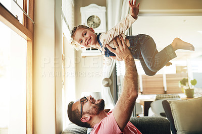 Buy stock photo Airplane, love or father with daughter on sofa for flying games, bonding or smile. Happiness, connection and balance with man or child portrait in living room of family home for trust, growth or care