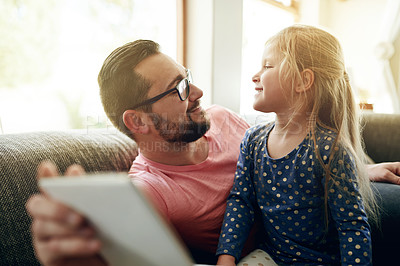 Buy stock photo Bonding, love or support with father and daughter on sofa in living room of home together for trust. Happy, security or wellness with girl child and single parent man in apartment for family time