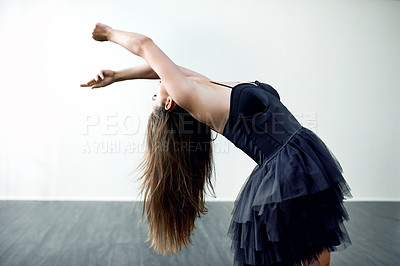 Buy stock photo Grace, dancing or woman in studio for ballet hobby, creative ballerina or training. Wall, white background or flexible dancer in routine with elegance, balance or talent for exercise, body or energy