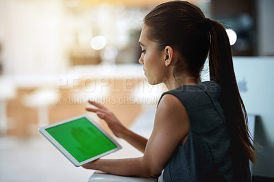 Buy stock photo Green screen, tablet and business woman with idea, app mockup and space to browse in office. Online research, social media and scroll for web schedule, article or internet information for project