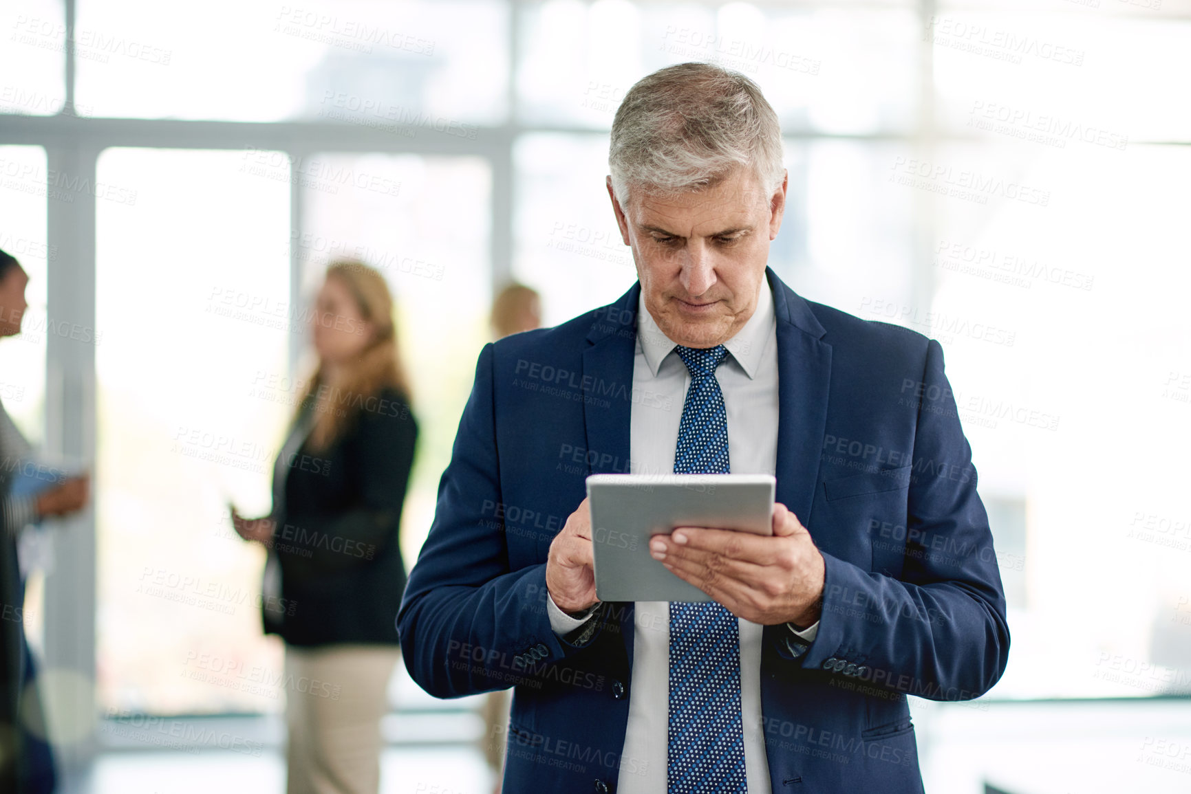 Buy stock photo Tablet, research and mature businessman in office for finance report with email for contact. Digital technology, communication and male financial manager with online investment proposal in workplace.