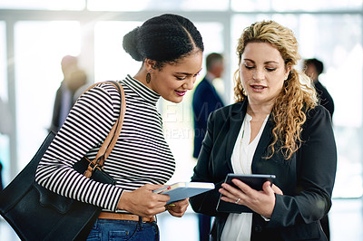 Buy stock photo Show, discussion and tablet with business people at Conference for tradeshow host, help and schedule. Convention guide, online agenda and event assistant with employees at seminar for meeting