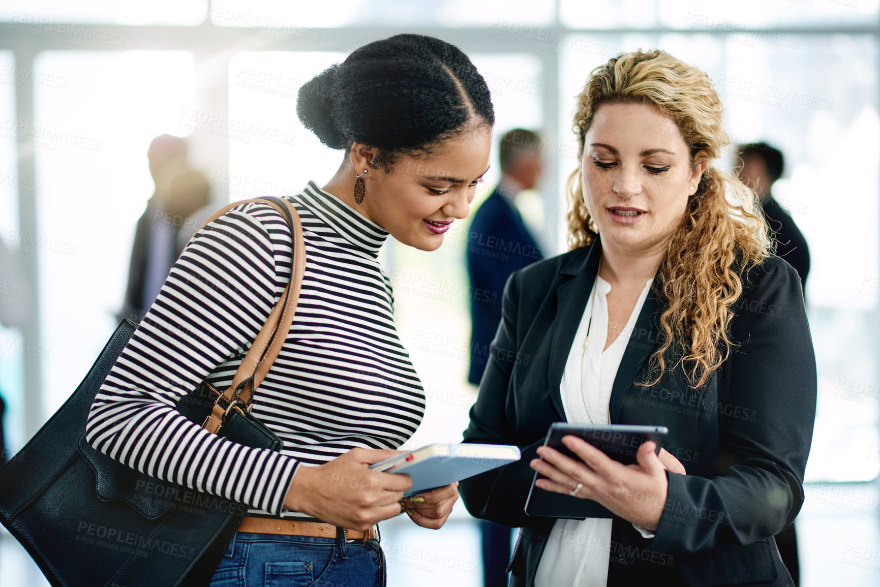 Buy stock photo Show, discussion and tablet with business people at Conference for tradeshow host, help and schedule. Convention guide, online agenda and event assistant with employees at seminar for meeting