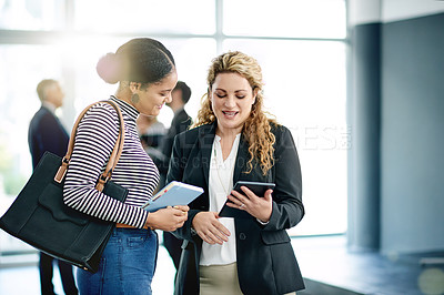 Buy stock photo Business people, tablet or talking at conference break with seminar follow up, startup ideas or insight. Convention, woman and keynote speaker with tech in lobby for networking and workshop feedback